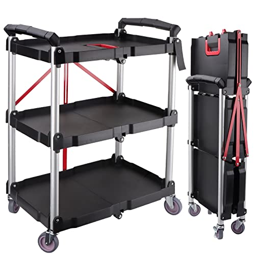 EBANKU Folding Collapsible Service Cart, Heavy Duty 3-Shelf Rolling Tool Cart, Supports Up to 150 lbs for Warehouse Storage, Garage, Cleaning - WoodArtSupply