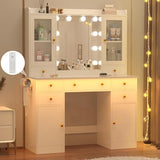 Wodeer Vanity Desk with Mirror and Lights, 43" White Makeup Vanity Set with 5 Drawers & Glass Cabinets, Makeup Tray, Power Outlet & Adjustable LED Lights, Dressing Table for Women & Girls Bedroom Wodeer