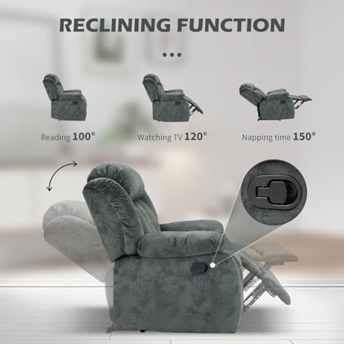 INZOY Manual Recliner Chair with Padded Armrest, Wall-Hugger Single Sofa Recliners with Overstuffed Back, Classical Fabric Reclining Chairs for Living Room Theater Seating, Grey