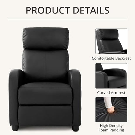 zzlay Leather Recliner Chair for Living Room, Modern Adjustable Home Theater Seating Single Sofa with Adjustable Backrest & Padded Armrests, Manual Push Back Armchair for Small Spaces,Black zzlay