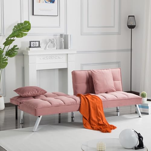 68" Modern Futon Sofa Bed,Convertible Sleeper Bed Couch with 4 Reclining Backrest with 2 Pillows,Comfy Velvet Cloud Sofa Loveseat for Living Room Bedroom Office (Rose Red) Jum Blueemo