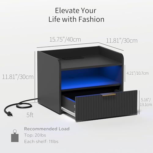 Veegle White Floating Nightstand with Charging Station and LED Lights (Black) Veegle