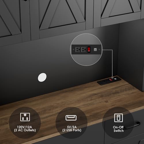 HOSTACK 71" Pantry Cabinet with Charging Station, Tall Kitchen Pantry Storage Cabinet with Microwave Stand, Farmhouse Kitchen Hutch Cabinet with Storage Drawers for Living Room, Dining Room, Black HOSTACK