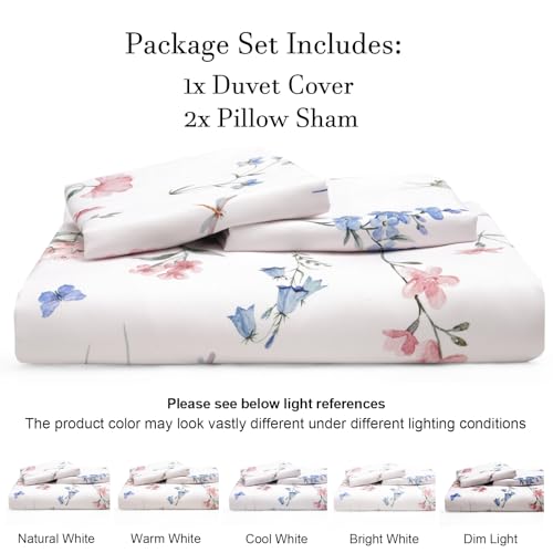 PHF Ultra Soft Floral Duvet Cover Queen Size, Printed Bedding Set 3 Pieces, Comfy Durable Farmhouse Duvet Cover Set with 2 Pillow Shams, Zipper Closure and 8 Ties, 90"x90", White & Pink PHF