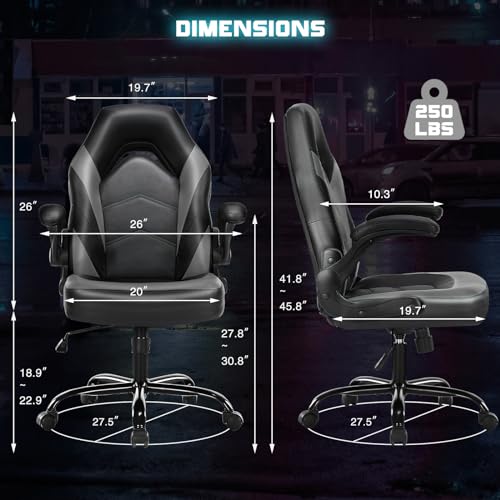 DUMOS Computer Game Desk Chair - Ergonomic PU Leather Lumbar Support, Height Adjustable High Back Video Game with Flip-up Armrest, Rolling Swivel for Adults, Deep Grey DUMOS
