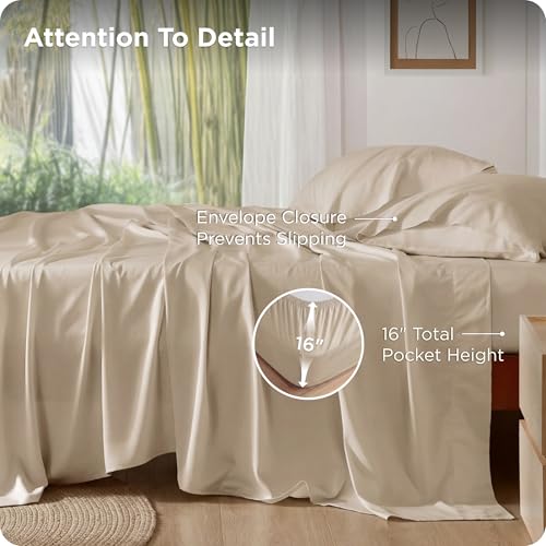 Bedsure King Size Sheet Set, Cooling Sheets King, Rayon Derived from Bamboo, Deep Pocket Up to 16", Breathable & Soft Bed Sheets, Hotel Luxury Silky Bedding Sheets & Pillowcases, Beige Bedsure