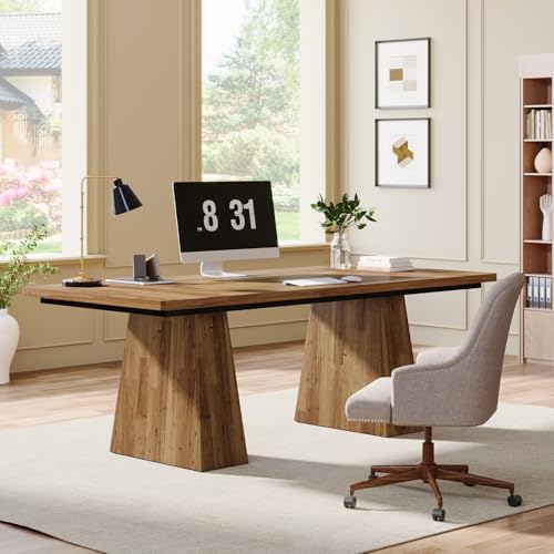 Tribesigns 63-Inch Executive Desk, Large Office Computer Desk with Double Pedestal, Modern Simple Workstations Writing Table Conference Table Business Furniture for Home Office, Light Brown Tribesigns