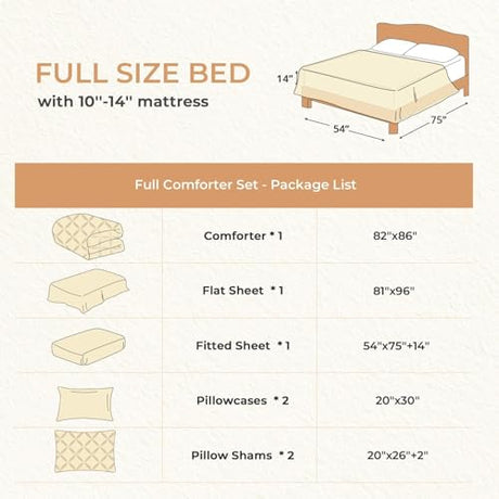 Sasttie Full Size Comforter Set, 7-Piece Bed in a Bag Double, Pintuck Bedding Set for All Season, Includes Comforter, Flat Sheet, Fitted Sheet, Pillowcases and Pillowshams, Beige Sasttie