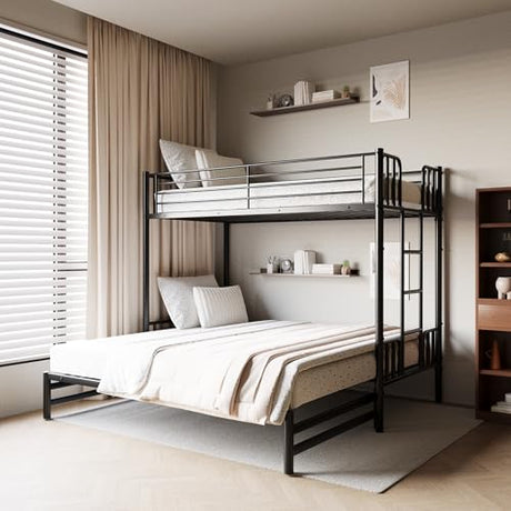 DNChuan Twin Over Twin to King Bunk Bed with Pop Up Trundle, Can Be Divided Into 2 Beds for Kids Boys Adults Girls, Metal Frame with Headboard and Footboard, Black DNChuan