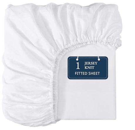 Twin Fitted Sheet Only - Classic Jersey Knit, 4 Way Elastic Stretch - 15" Deep Pocket Fitted Bottom Sheet Only - Ultra Soft, Easy Care & Stays Secure All Night - Hotel Inspired Home Sleep - White LANE LINEN
