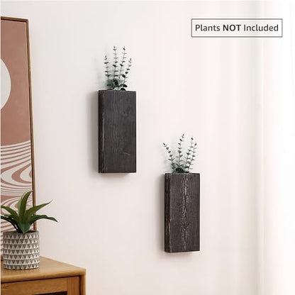 Wood Wall Planter Set of 2, Wood Wall Pocket for Greenery and Dried Flowers, Indoor Wood Hanging Vase Modern Farmhouse Wall Decor for Living Room Bedroom Office Eucalyptus Stems Decorations (Expresso)