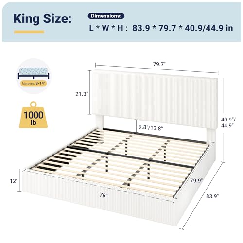 Allewie King Bed Frame, Upholstered Platform Bed, Adjustable Vertical Channel Tufted Headboard, Corduroy Fabric, Modern Low Profile, Wooden Slats, No Box Spring Needed, Easy Assembly, White Allewie