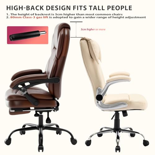 linting 400lbs Reclining Office Desk Chair with Footrest, Plus Size Comfortable Big Tall Brown Leather Recliner Office Chairs for Heavy People linting