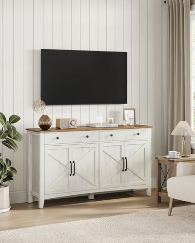VASAGLE LIRY Collection - Buffet Cabinet, Coffee Bar Cabinet with 2 Drawers, Adjustable Shelves, Sideboard Storage with Cable Holes, Drawer Dividers, Rustic White and Honey Brown UBBK381W01 VASAGLE