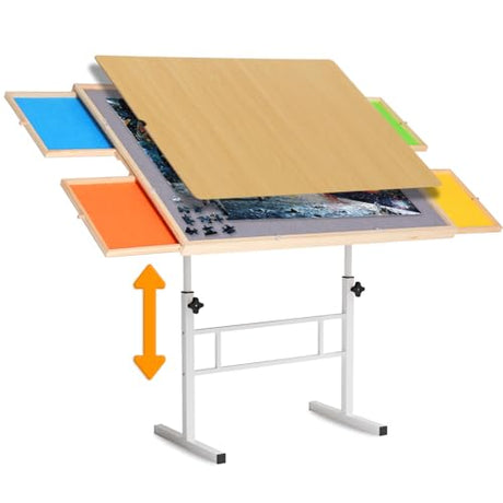 1500 Piece Puzzle Table with Drawers, 35''x26'' Adjustable Puzzle Tables for Adults and Children | 3-Tilting-Angle Portable Wooden Jigsaw Puzzle Board with Legs & Cover for Gift JoyPcsTable