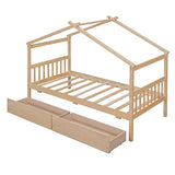 Merax Natural Twin Size Wooden House Bed with Two Storage Drawers for Kids and Teens Merax