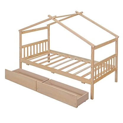 Merax Natural Twin Size Wooden House Bed with Two Storage Drawers for Kids and Teens - WoodArtSupply