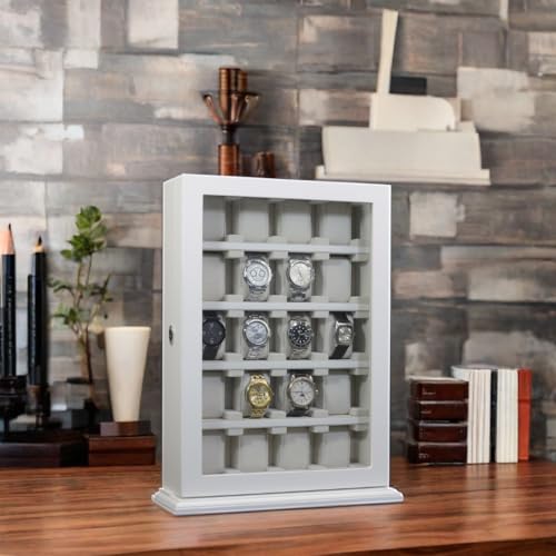 TimelyBuys 20 Piece White Wood Watch Display Wall Hanging Case and Storage Organizer Box and Stand for Oversized Watches TIMELYBUYS