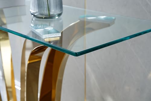 Henf Luxury Gold Glass Console Table Modern 47" Rectangular Slim Entryway Table with Mirror Finish Stainless Steel Base and Clear Glass Top for Living Room Hallway Corridor Entrance Table (Gold) Henf