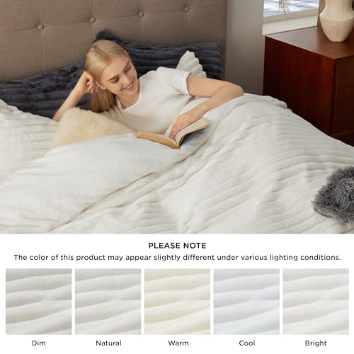 Bedsure Fluffy Duvet Cover Set - Ultra Soft Plush Shaggy Comforter Cover King Size, Warm Flannel Fleece Bed Sets for Winter, 3 Pieces (Striped Pattern, Coconut White) Bedsure