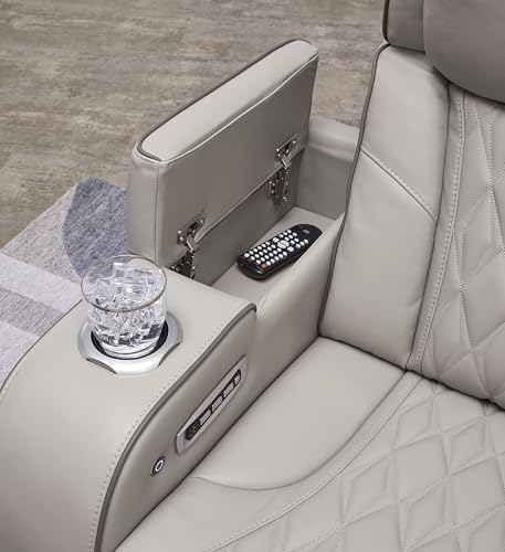 Signature Design by Ashley Boyington Contemporary Leather Match Power Recliner with Adjustable Headrest, Cup Holders, USB Port and Air Massage System, Light Gray Signature Design by Ashley