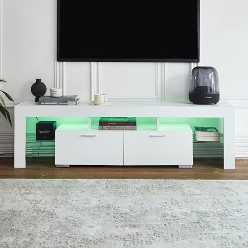 FENFSHE LED TV Stand for 65/70/75 Inch TV, Entertainment Center with Storage Drawer, Industrial TV Console Table for Living Room and Bedrooms, White