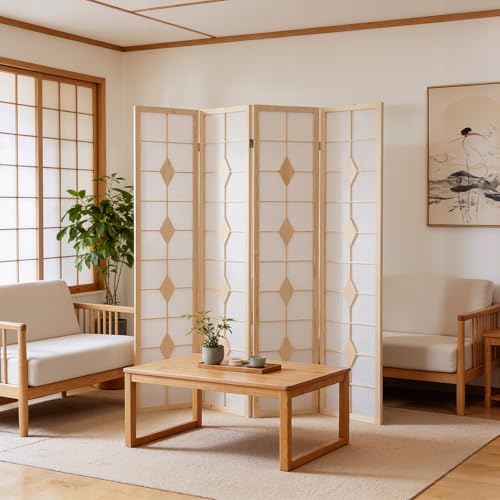 Shoji Room Divider, 67 Inch Tall Japanese Style Room Divider, Folding Privacy Shoji Screen, Dividers for Room Separation, Portable Partition for Home Office - 4 Panel (White) ZFFURN