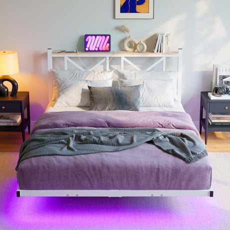 MUZERUL Floating Bed Frame Full Size with LED Lights & Charging Station,Metal Platform Bed Frame Full Size with XX Headboard,No Box Spring Needed,Heavy Duty Steel Slats,Easy Assembly,Noise Free,White MUZERUL