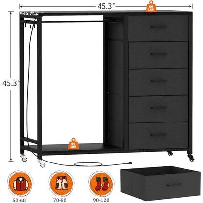 Cyclysio Dresser for Bedroom with Clothes Rack, 5 Drawers Dresser with Charging Station & LED Lights, Black Storage Chest of Drawers with Wheels, Wooden Top, Lockable Wheels, Bedroom, Closet, Black