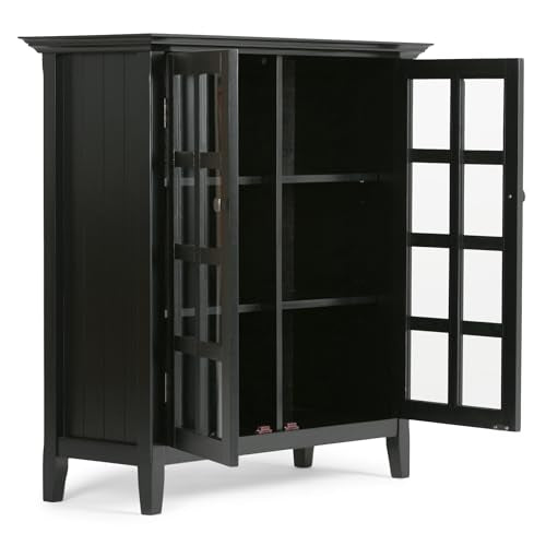 SIMPLIHOME Acadian SOLID WOOD 39 inch Wide Rustic Medium Storage Cabinet in Black, with 2 Tempered Glass Doors, 4 Adjustable Shelves - WoodArtSupply