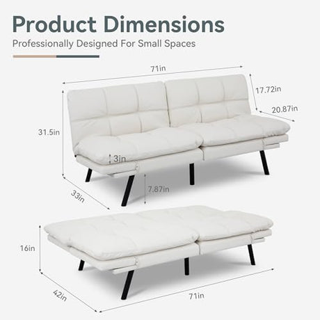 AMICLIBER Futon Sofa Bed Convertible Couch, White Faux Leather Sofa Bed with Memory Foam, Adjustable Backrest & Armrests, Multifunctional Small Loveseat Sleeper Sofa for Living Room, Apartment, Office AMICLIBER