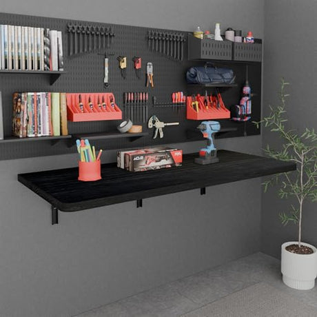 IAE Floating Wall Mounted Folding Table Desk with Pine Wood,48" x 22" Folding Workbench,Fold Down Wall Mounted Foldable Desk with Shelf Brackets,Laundry Table for Home,Dining,Office,Kitchen,Black IAE