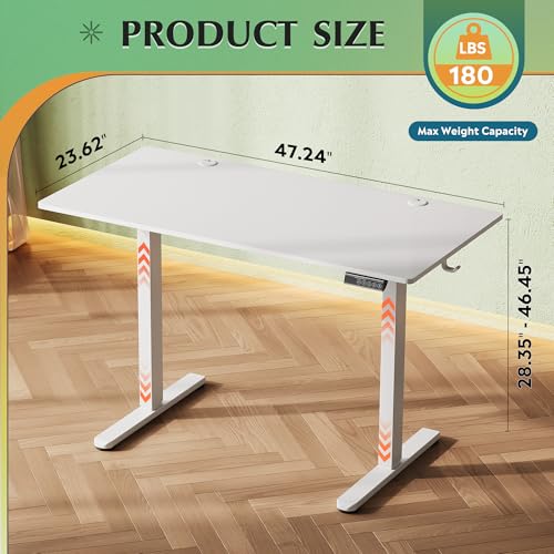 DEVAISE 48 x 24 Inch Standing Desk, Whole-Piece Electric Standing Desk with Adjustable Height, 3-Preset Memory Sit Stand up Desk, One Piece Desktop Computer Desk for Home, Office (White) DEVAISE