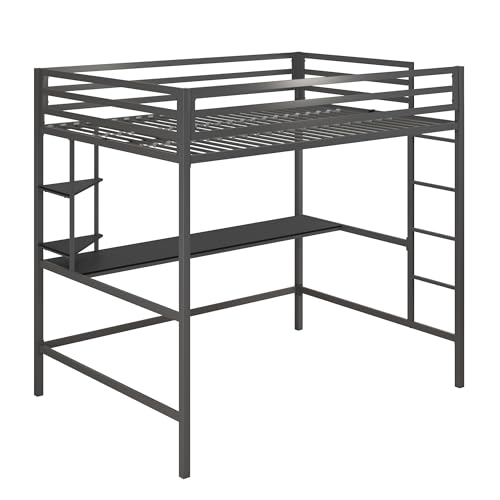 Novogratz Maxwell Grey/Black Metal Full Loft Bed with Integrated Desk & Shelves Novogratz