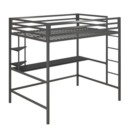 Novogratz Maxwell Grey/Black Metal Full Loft Bed with Integrated Desk & Shelves - WoodArtSupply