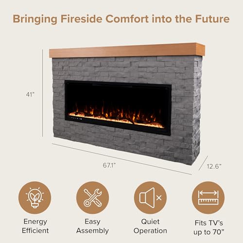 Modern Ember Wyman Linear Grey Stone Mantel Package with 50" Smart Electric Fireplace Heater Insert | Alexa/WiFi Enabled | Multi-Flame Colors & Brightness Modern Ember