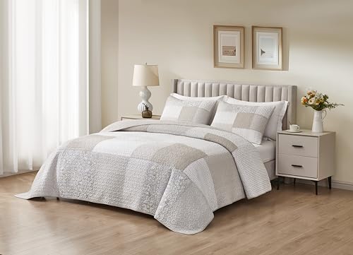 Chezmoi Collection Quinn 3-Piece Neutral Taupe Gray White Floral Hibiscus Flower Candy Stripe Patchwork Quilt Set - Pre-Washed Cotton Coverlet - Lightweight Reversible Bedspread, Queen Size Chezmoi Collection