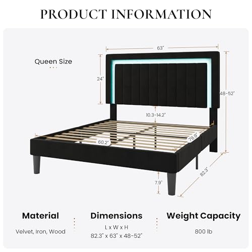 SHA CERLIN Queen Size Velvet Bed Frame with LED Light, Adjustable Vertical Channel Tufted Headboard, Strong Wooden Slats Support, Noise-Free, No Box Spring Needed, Black SHA CERLIN