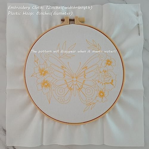 Esffaci Embroidery Starter Kit for Adult Beginner with Blue Butterfly Flowers Pattern Hand Embroidery Set with Cloth Hoop Needle Threader Floss and Instruction