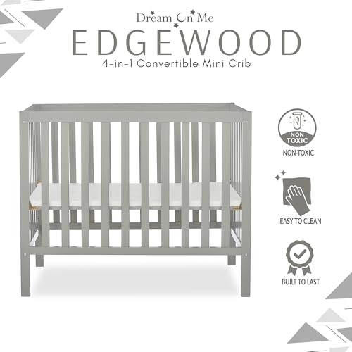Dream On Me Edgewood 4-In-1 Convertible Mini Crib In White, JPMA Certified, Non-Toxic Finish, New Zealand Pinewood, With 3 Mattress Height Settings, Included 1" Mattress Pad Dream On Me