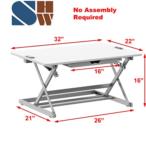 SHW 32-Inch Height Adjustable Standing Desk Converter Riser Workstation with Drawer, White SHW