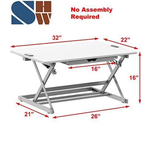 SHW 32-Inch Height Adjustable Standing Desk Converter Riser Workstation with Drawer, White SHW