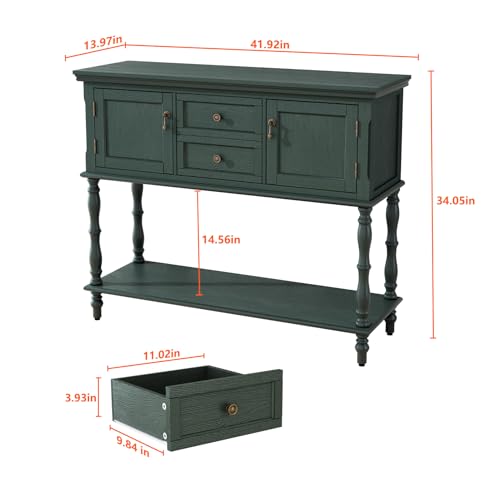ARTPOWER Console Table with 2 Drawers, Retro Entryway Table with 2 Door Cabinets and Open Storage Shelf, Narrow Long Behind Couch Sofa Table for Living Room, Foyer, Hallway, Green ARTPOWER