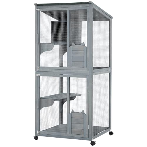 Cat Patio Enclosure, 69" Large Indoor Outdoor Catio Cage with Waterproof Roof, Lockable Wheels, Resting Cabin & Platforms for Multi-Cat Families, Weatherproof Catios PeacefulHues