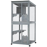 Cat Patio Enclosure, 69" Large Indoor Outdoor Catio Cage with Waterproof Roof, Lockable Wheels, Resting Cabin & Platforms for Multi-Cat Families, Weatherproof Catios PeacefulHues