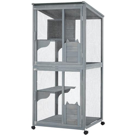 Cat Patio Enclosure, 69" Large Indoor Outdoor Catio Cage with Waterproof Roof, Lockable Wheels, Resting Cabin & Platforms for Multi-Cat Families, Weatherproof Catios PeacefulHues