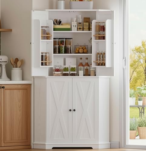 IRONCK Corner Cabinet, 72" H Kitchen Pantry Storage Cabinet, 4 Barn Doors with Storage Rack, 4 Adjustable Shelves, 6-Tier Tall Food Pantry Cabinet, Farmhouse Hutch for Kitchen Dining Room, White IRONCK