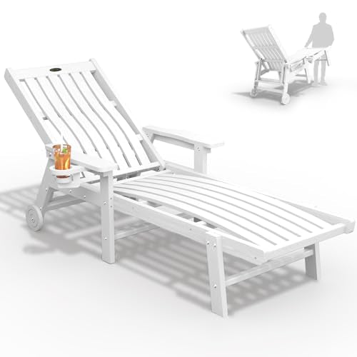 THOEOE Patio Chaise Lounge Chair, Lounge Chair Outdoor with 5 Positions, HDPE, Patio Lounge Chair with Wheels & Cup Holder for Pool, Deck, Poolside,White