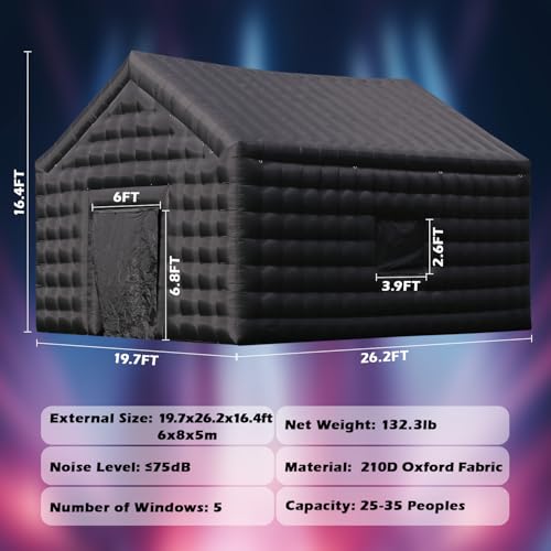 Large Inflatable Night Club Party Tent for Aldult 26FT, Black Oxford Inflatable Building with Blower&Disco Lights, Blow up Large Space Outdoor Events for Birthday, Nightclub, Business(26x20x16ft) BoldBlur