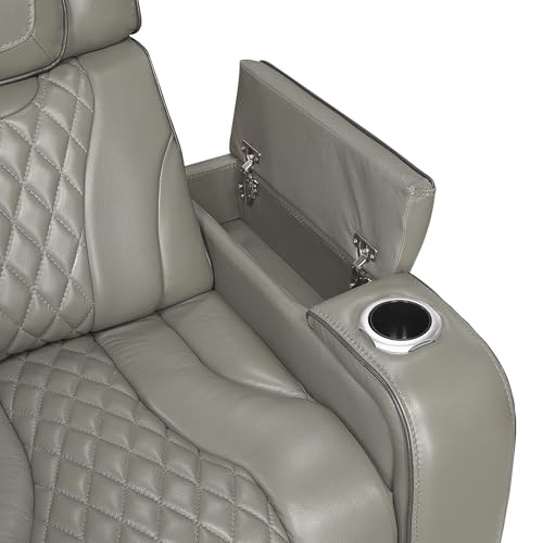 Lexicon Power Double Reclining Loveseat, Center Console/Heat/Massage/Headrest/Storage Arms/Cup Holders/LED Lights/Wireless Charging, Top Grain Leather Match Wall Hugger Recliner Loveseat, Grey Lexicon